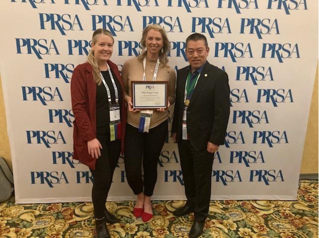 OCPRSA President-Elect and Treasurer Elena Bosch, APR; OCPRSA President Patty Conover and Ken Hagihara, APR, Fellow PRSA, MCM